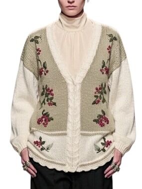 Vtg 90s hand knit cottagecore cream v neck floral embroidered grandma sweater 42